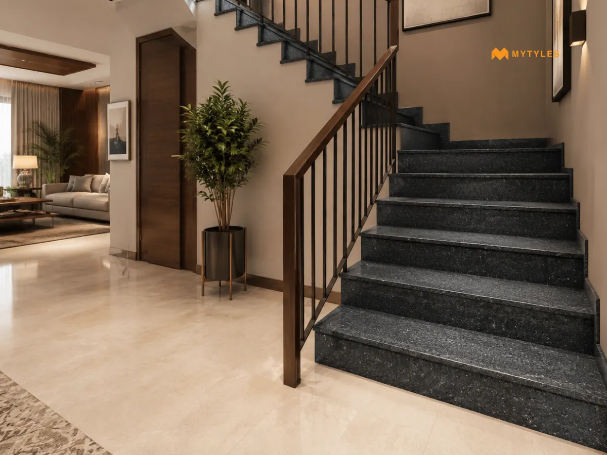Dark Charcoal Granite-Look Tiles for Staircases
